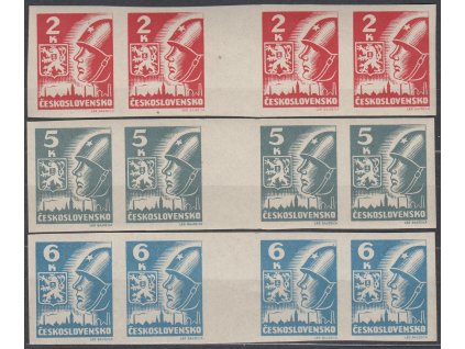 1945, 2,5 a 6K Košické, 5K světle šedá, 6K světle modrá, 4známková vodorovná meziarší, Nr.354,355b,356bMv, **