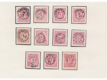 1882, 11 kusů známek 5 Kr Orlíček, vše s náprstkovými razítky, hezké