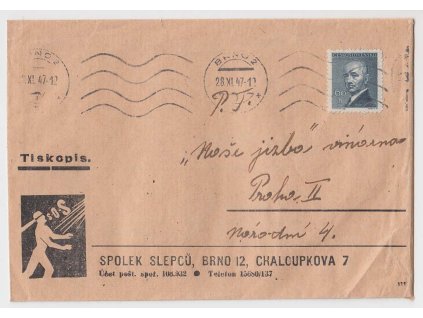 1947, Tiskopis Spolku slepců vyfr. zn. 60 h Beneš, razítko Brno, prošlé