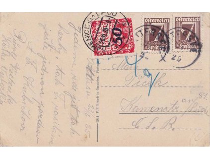 1925, pohlednice zasl. z Rakouska do ČSR, zde zatíženo dopl. zn., prošlé