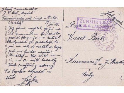 S.M.S. Arpád, pohlednice zasl. v roce 1918 do Čech, lodní razítko + DR Pola,
