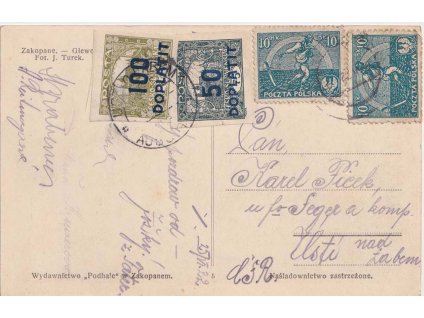 1922, pohlednice zasl. z Polska do ČSR, zde zatíženo dopl. zn., DR Zakopane