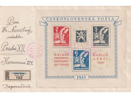 1945, DR Dolní Bělá, R-dopis vyfr. Košickým aršíkem, zasl. do Prahy, hezké