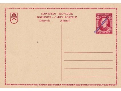 1945, CDV VII 1.50 Ks Hlinka s přetiskem ČESKOSLOVENSKO, díl dopisnice