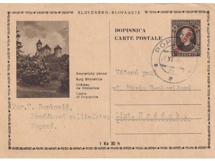 CDV 81 (18A) Hlinka (Smolenecký zámok), červený přetisk, DR Poprad,