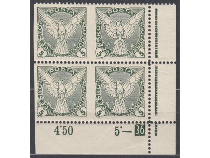 5h zelená, rohový 4blok s DČ 36, Řz. 11 1/2 částečně vynechaná, Nr.NV2, **, ilustrační foto