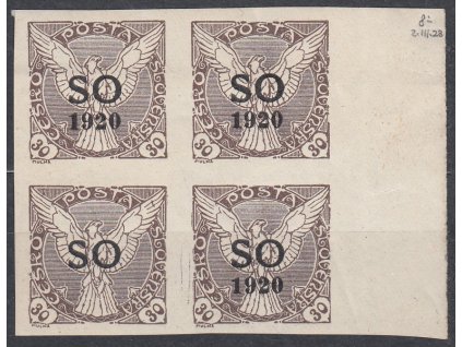 30h hnědá, krajový 4blok s DV - bez "1920" Nr.SO32, **, výrobní vlomy