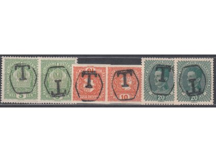 5h Koruna, 20h Karel a 10h Merkur, normální a převrácený přetisk "T", * po nálepce