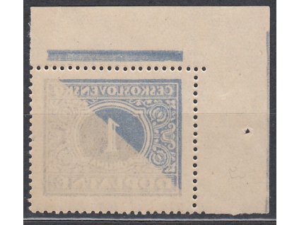 1928, 1Kč modrá, rohový kus s obtiskem + otiskem mezernice na okraji, Nr.DL62, **