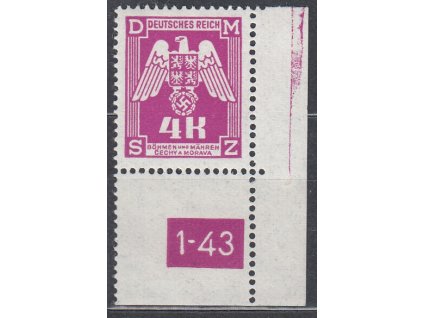 1943, 4K fialová, rohový kus s DČ a otiskem mezernice na okraji, Nr.SL23, **, vzácné