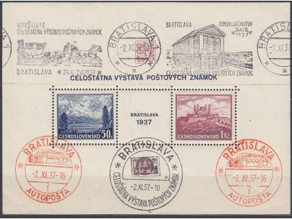 1937, aršík Bratislava, pamětní razítka AUTOPOŠTA BRATISLAVA 2.11.37 písmeno "f" + výstavní, Nr.A329/330