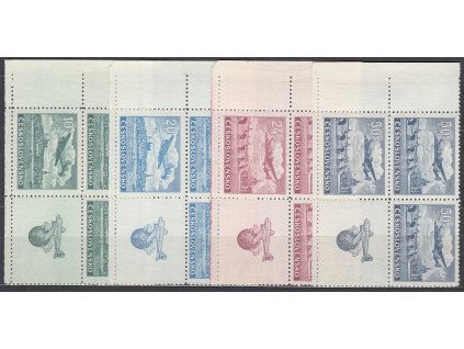 1946, 10-50Kčs Letecké, levé dolní roh. 4bloky s kupony, Nr.L20-4, **