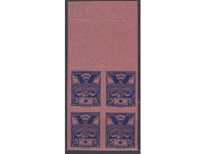 5h modrá, nezoubkovaný ZT na růžovém papíru bez lepu s plným obtiskem, krajový 4blok, Nr.143