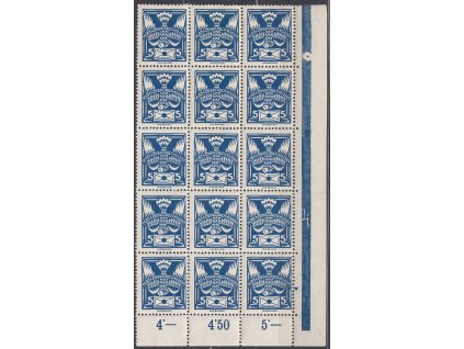 5h modrá, rohový 15blok s DČ 4 v ochranném rámu, Nr.143, **/*, nálepka pouze na horní známce