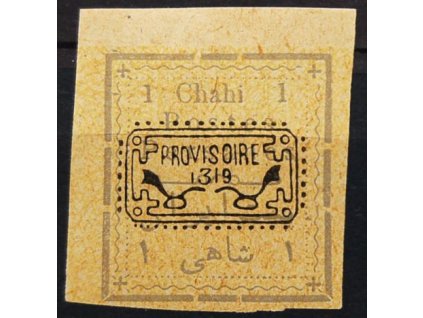 Irán, 1902, 1Ch šedá/žlutá s přetiskem, * po nálepce