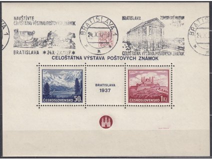1937, aršík Bratislava, strojové pamětní razítko BRATISLAVA 24.X.37, Nr.A329/330