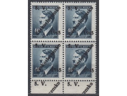40h Hitler, přetisk 5.V. ČESKOSLOVENSKO 1945, krajový 4blok s částí obtisku na okraji, ****