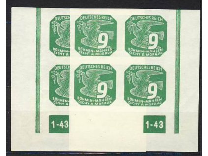 1943, 9h zelená, roh.4blok s DČ1-43, nepřerušený rám, L+P, **