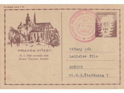 CDV 73 Pa dofr. bohatou frankaturou, razítko Košice, Návrat prezidenta