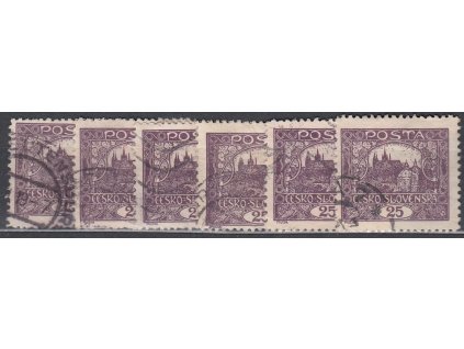 25h fialová, Řz.11 1/2:10 3/4, 6 ks, I.typ spirály nebo příčkový typ, Nr.11E, razítkované