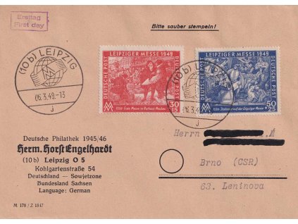 Sovětská zóna, 1949, dopis vyfr. sérií zn. MINr.230-31 Lipský veletrh, FDC