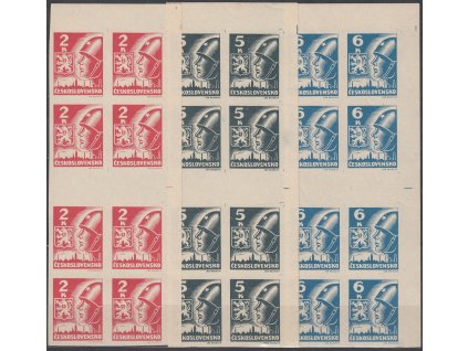 1945, 2,5 a 6K Košické, pravá rohová svislá 4známková meziarší ve 2pásce, Nr.354-6Ms, **