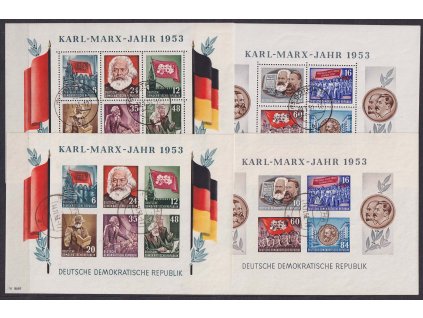 1953, 12-84 Pf aršíky Karl-Marx-Jahr, MiNr.Bl.8A,B,9A,B, razítkované,