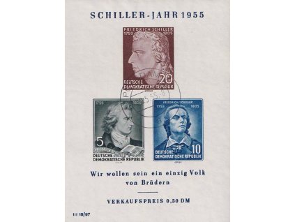 1955, 5-20 Pf aršík Schiller, MiNr.464-66A, razítkované