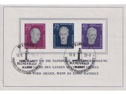 1958, 20-40 Pf aršík Buchenvald, MiNr.Bl.15, razítka FDC, původní lep