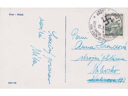 1940 Brno, Výročí návštěvy vůdce, pohlednice zasl. do Milevska