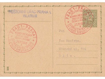 1939, Praha, Narozeniny vůdce, dopisnice 50 h Znak, Ii.díl, zasl. do Zlína,