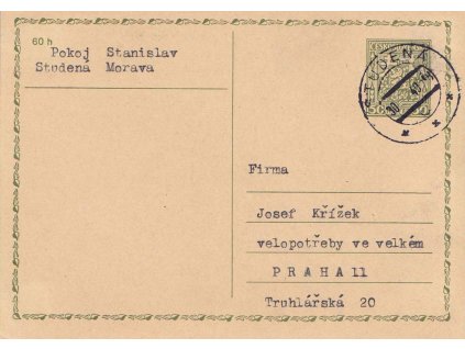 1940, DR Studená, dopisnice, zasláno do Prahy, na rubu lehké nálepky