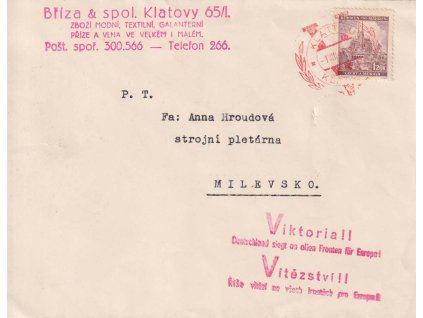 1941, Klatovy Viktoria + Viktoria, dopis zasl. do Milevska, lehká omačkání