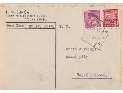 1939, DR Dolní Kubín, firemní karta zasl. do Protektorátu