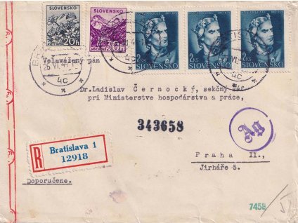 1944, DR Bratislava, R-dopis zasl. do Protektorátu, pestrá frankatura,