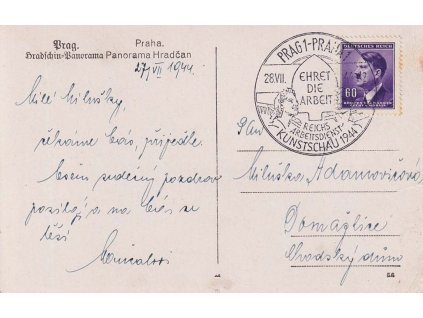 1944, Praha, Ehret die arbeit, pohlednice zasl. do Domažlic, nalomený růžek