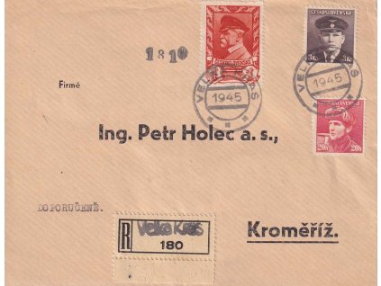 Velká Kraš, R-dopis zasl. v roce 1945 do Kroměříže, lehká omačkání