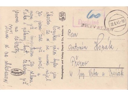 Frývaldov, pohlednice zasl. v roce 1945 do Přerova, doplatné
