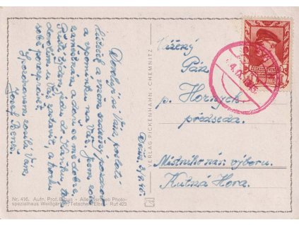 Děčín, pohlednice zasl. v roce 1945 do Kutné Hory, dv