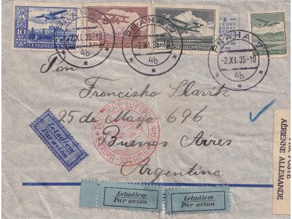 1935, DR Praha, let. dopis zasl. v roce 1935 do Argentiny, pestrá frankatura,