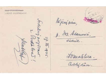 Poděbrady, pohlednice zasl. v roce 1945 do Domažlic, doplatné
