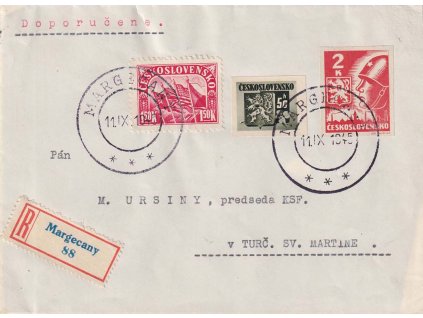 Margecany, R-dopis zaslaný v roce 1945 do Turčianského Svatého Martina