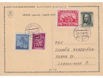 1945, DR Budatín, dopisnice 1 Ks Rázus s hezkou frank. známek, prošlé