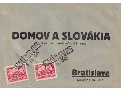 Nacineves, dopis zaslaný v roce 1945 do Bratislavy, stopy pošt. provozu