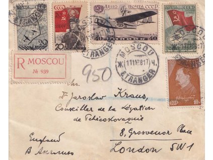 1938, DR Moskva, R-dopis zaslaný do Londýna, pestrá frankatura, horší jakost