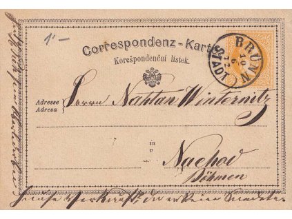 1872, DR Brünn, dopisnice 2 Kr žluťásek, zasláno do Náchodu, slušný kus