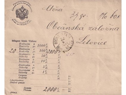 Brno-Město, cenný dopis zaslaný v roce 1893 do Letovic, lehká omačkání,