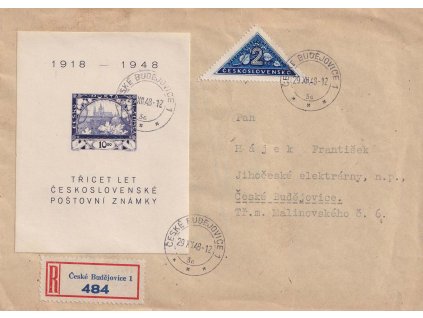 1948, DR České Budějovice, R-dopis zasl. v místě, pestrá frankatura,