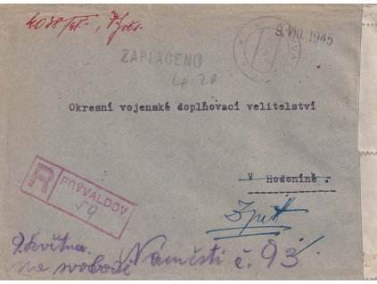 Frývaldov, R-dopis vyplacený v hotovosti, zasláno do Hodonína, dosíláno,