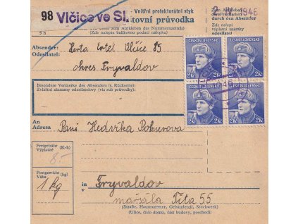 Vlčice ve Slezsku, větší díl poštovní průvodky zasl. v roce 1946 do Frývaldova